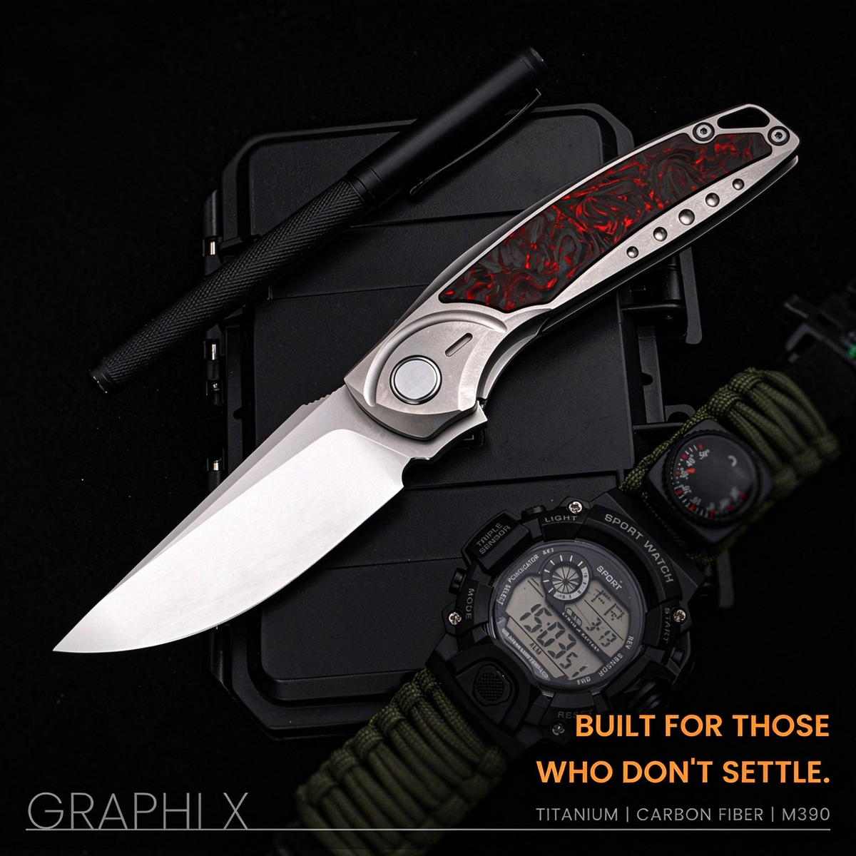 GraphiX: Ti & Carbon Folding Knife — M390/D2 Blade