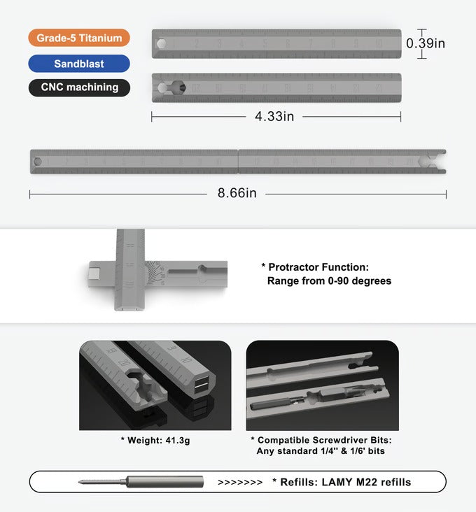 Vortex Grade 5 Titanium Ruler Pen — Dual Scale, Driver, Angle